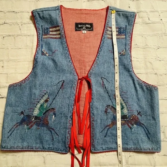 Patricia Wolf handpainted Americana denim vest indian ponies USA flag RTL $495 M - Picture 7 of 10